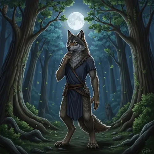 Fantastical Wolf-Human Hybrid in Moonlit Woods Scene
