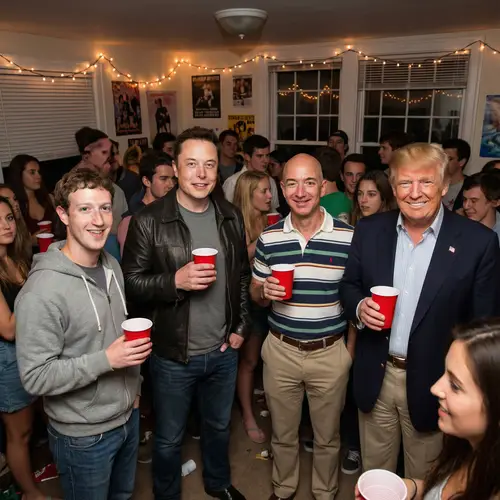 Tech Giants at College Party: Zuckerberg, Musk, Bezos, Trump