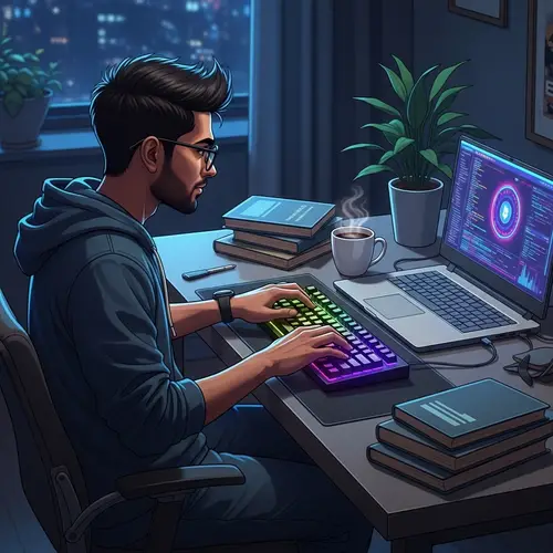 Young South Asian Man Programming Late Night | Blockchain Focus