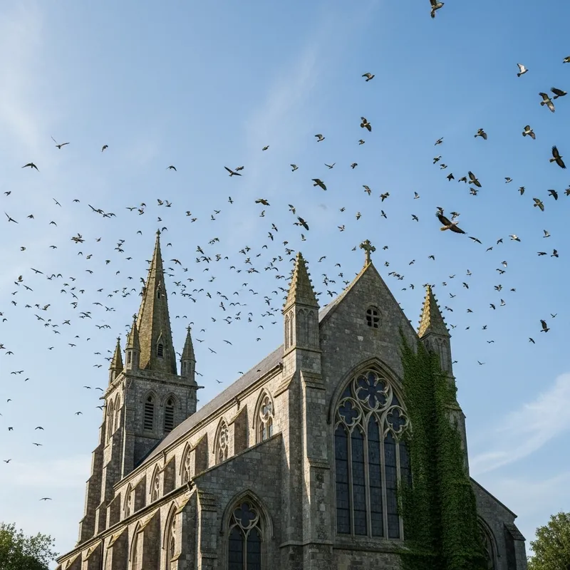 Birds Over Medieval Church | Majestic Nature Scene