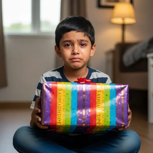 Young South Asian Boy Holding Birthday Gift with Sad Expression