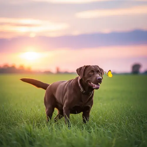 Playful Brown Labrador Retriever Frolicking in Serene Field
