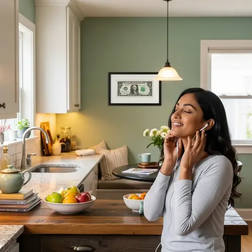 Cozy Kitchen Interior with Feature Wall and South Asian Woman Listening to Music