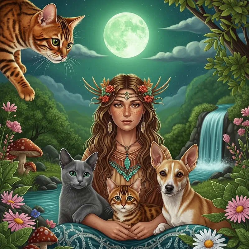 Mystical Bengal Cat with Shaman Amid Nature and Moonlit Sky
