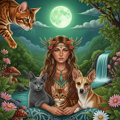 Mystical Scene with Bengal Cats, Shamanic Woman, Russian Blue Cat, and Creole Dog