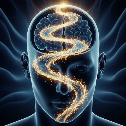 Human Head Water Knowledge Flow in Gold and Dark Blue