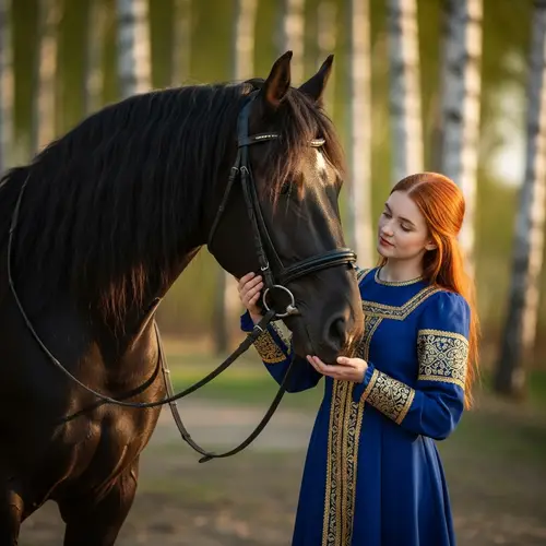Young Russian Girl in Traditional Blue Sarafan Dress with Majestic Black Horse