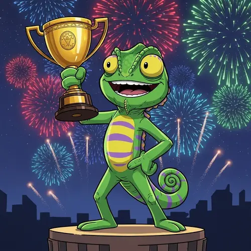 Vibrant Green Chameleon Celebrates Victory with Trophy | Website Name