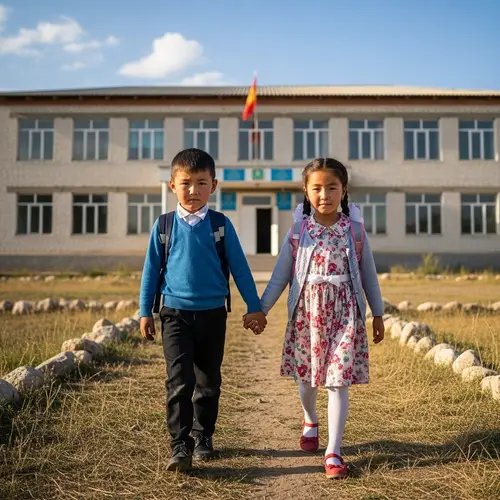 Kyrgyz Boy and Girl Walking to School - School Building Background