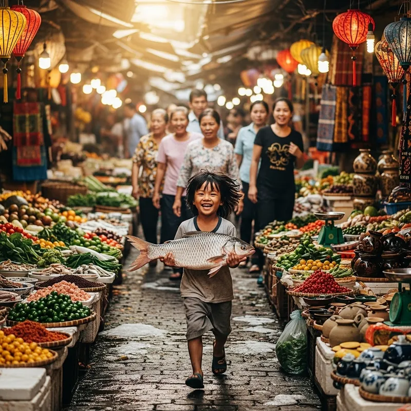 Vietnamese Child Running with Fish in Market