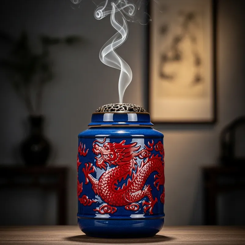Jar of Chinese Incense with Red Dragon: Mystical Symbol of Luck