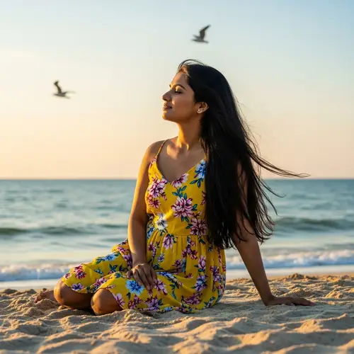Serene Beach Scene with South Asian Female in Yellow Summer Dress
