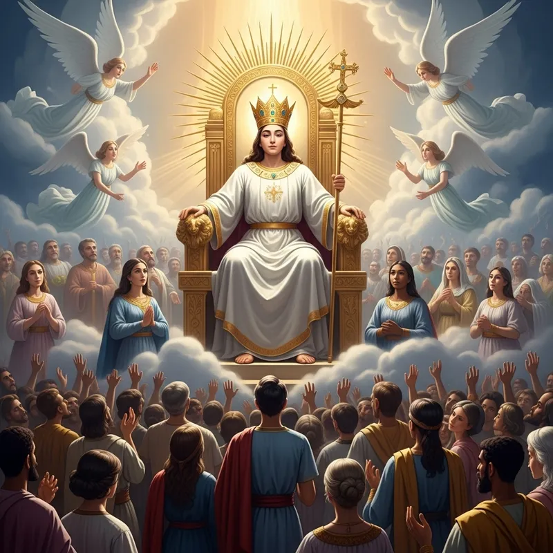 Heavenly Scene with Jesus Christ on Grand Throne Surrounded by Angels and Multitude