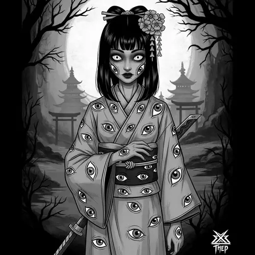Eerie Japanese-Style Illustration of a Ghostly South Asian Girl