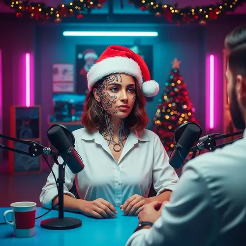 Futuristic Middle Eastern Woman in Santa Claus Hat Recording Podcast
