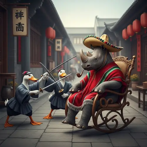 Realistic Rhinoceros in Mexican Sombrero vs. Ducks in Kimonos