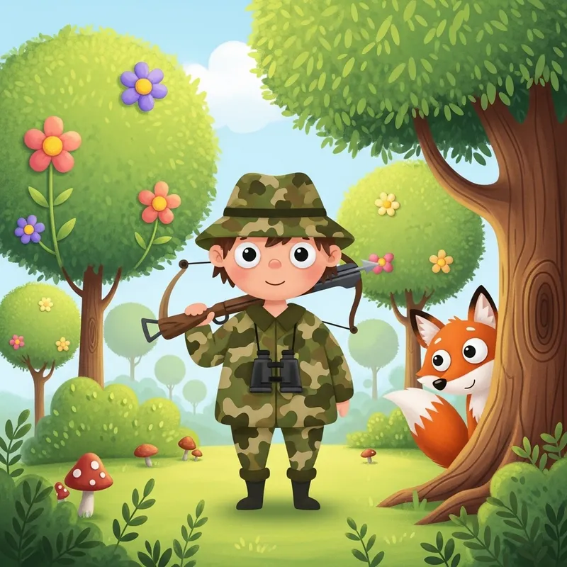 Adorable Cartoon Hunter in Whimsical Wilderness