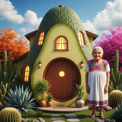 Elderly Hispanic Woman in an Avocado-Shaped House