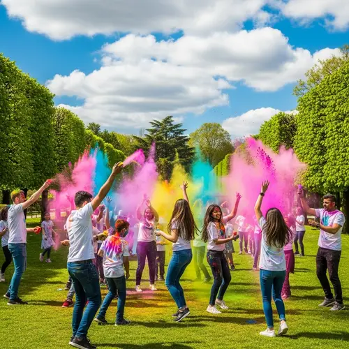 Vibrant Holi Celebration in Park with Diverse Participants