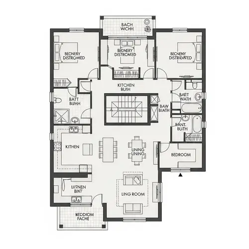 Efficient Square House Floor Plan with Three Bedrooms and Convenient Staircase