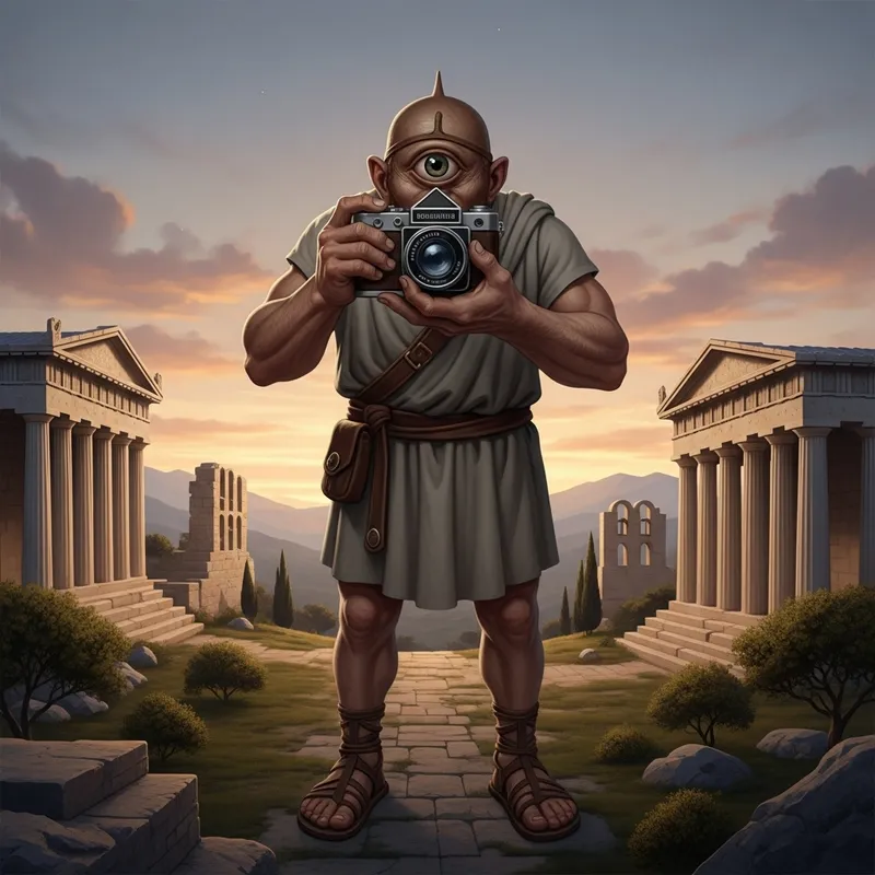 Cyclops with Vintage Camera in Ancient Greek Scene