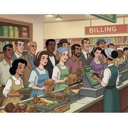 Supermarket Billing Counter Scene: Animated 20th Century Style