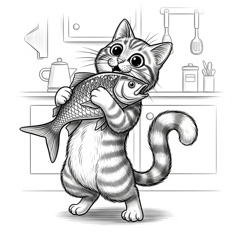 Playful Cartoon Cat with a Fish