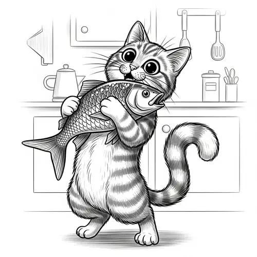 Playful Cartoon Cat with a Fish