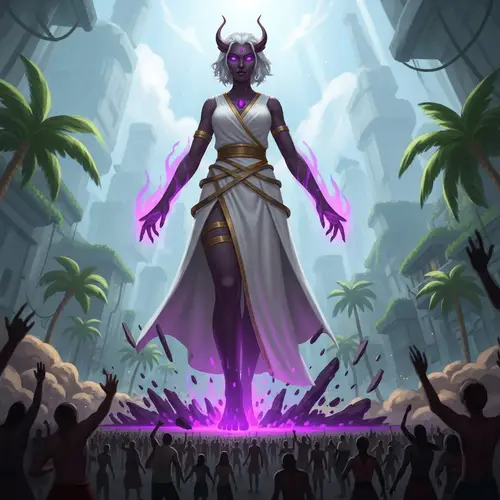 Dark Goddess Giant Woman Stepping on Tiny People in Tropical Setting