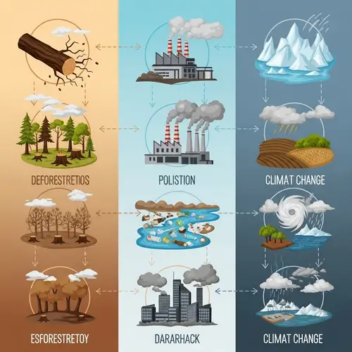 Environmental Challenges Infographic: Deforestation, Pollution, Climate Change