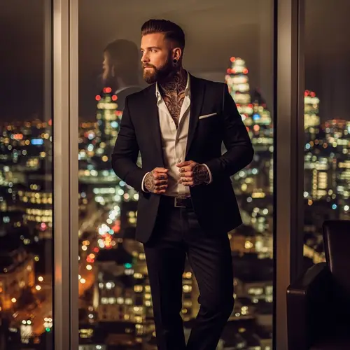 Charismatic Urban Man in Tailored Black Suit | City Lights View