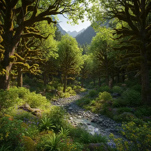 Serene Forest Landscape: Moss-Covered Trees, Wildflowers, and Wildlife