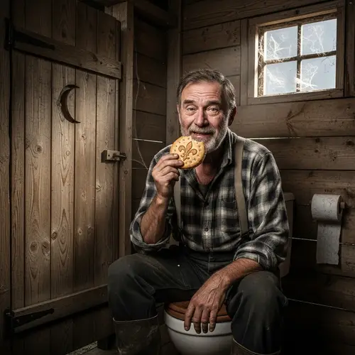 Rustic Caucasian Individual Sitting in Outhouse with Historical Symbol Biscuit