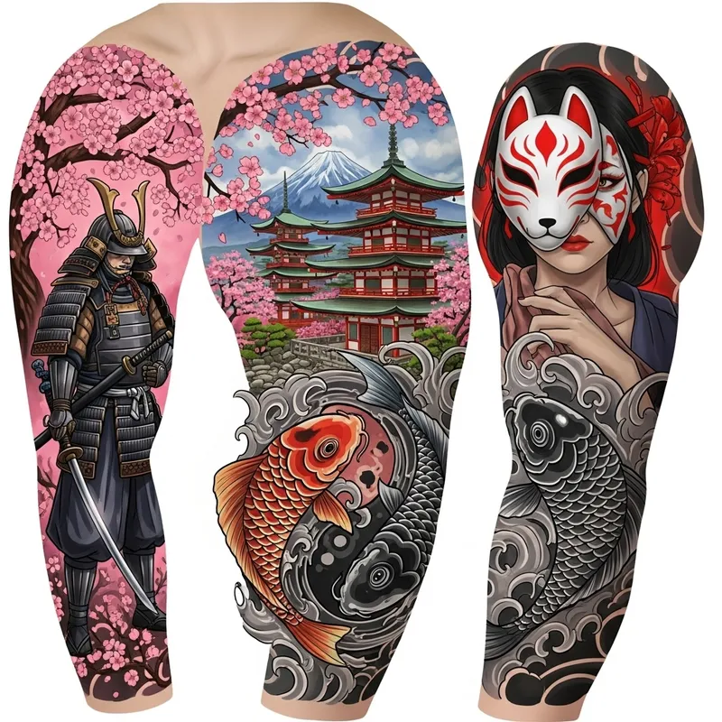 Samurai and Koi Tattoo Design with Japanese Temple Scenery