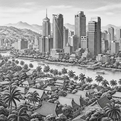 Tropical City Landscape Pencil Drawing