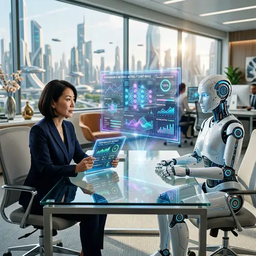 Futuristic AI Performance Review in Technologically Advanced Office