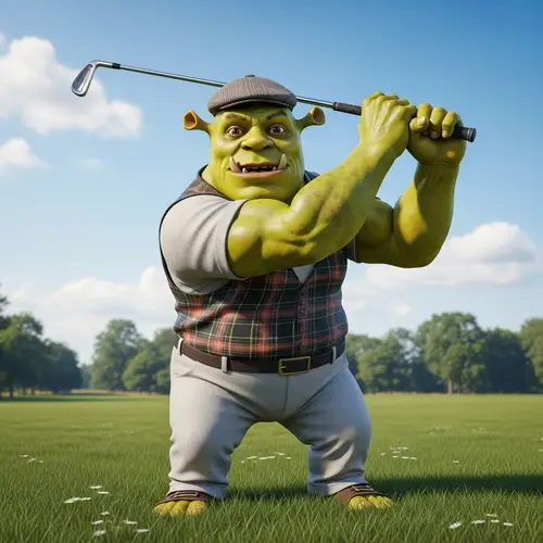 Whimsical Ogre in Golf Attire Swinging Golf Club