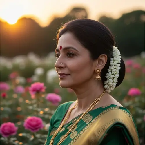 Elegant South Asian Woman in Traditional Saree | Tranquil Garden Scene
