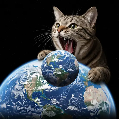 Fantastical Giant Cat Consuming Earth - Surreal Scene
