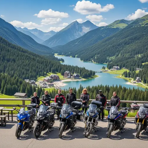 European Motorcycle Riders Enjoying Sunny Day on Scenic Mountain Roads