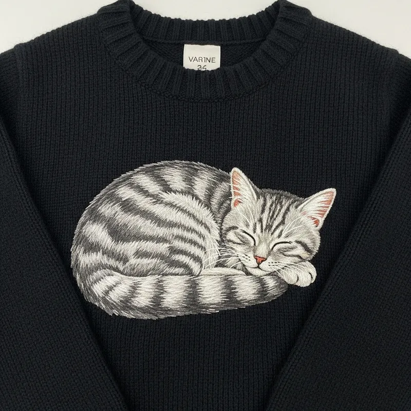 Tranquil Black Cat Embroidered Wool & Cashmere Sweater