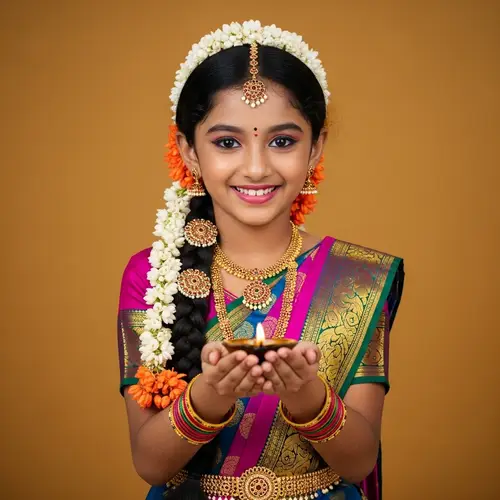 Beautiful Tamil Girl in Vibrant Pattu Pavadai with Diya