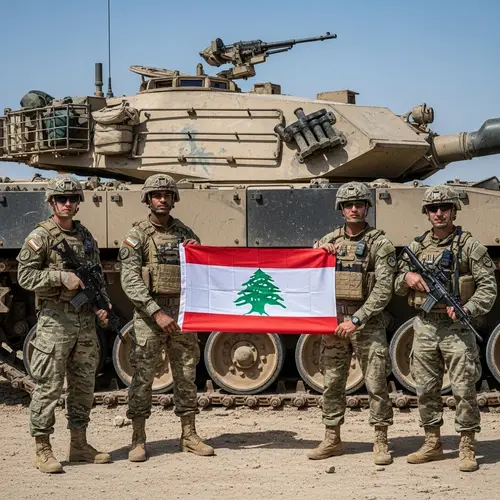 Diverse Soldiers Raising Lebanese Flag in Unity