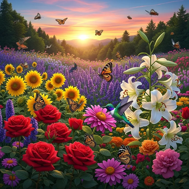 Beautiful Sunset Flower Garden: Roses, Sunflowers, Lavender Beautiful Sunset Flower Garden: Roses, Sunflowers, Lavender