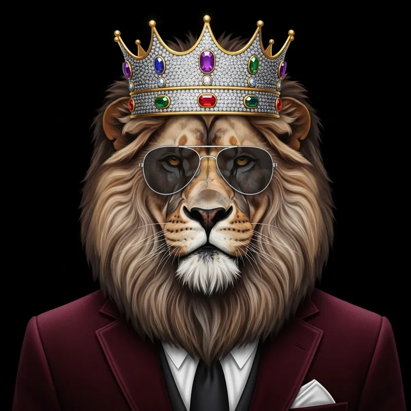 Royal Lion in Platinum & Gold Crown, Roaring Confidently in Designer Velvet Maroon Suit and Sunglasses