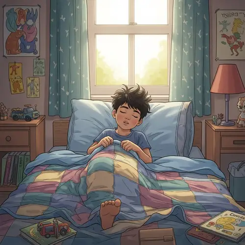 Cheeky South Asian Boy Waking Up in Colorful Bedroom