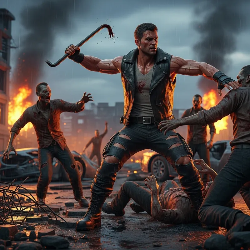 Muscular Male Fighting Zombies - Thrilling Battle Scene