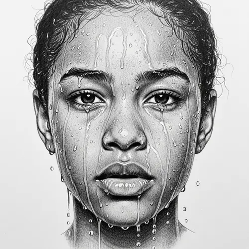 Emotive Mixed-Race Portrait with Water Droplets - Sketch Art