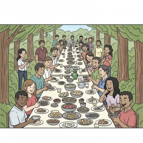 Bayanihan Forest Gathering: Cartoon People Eating & Laughing