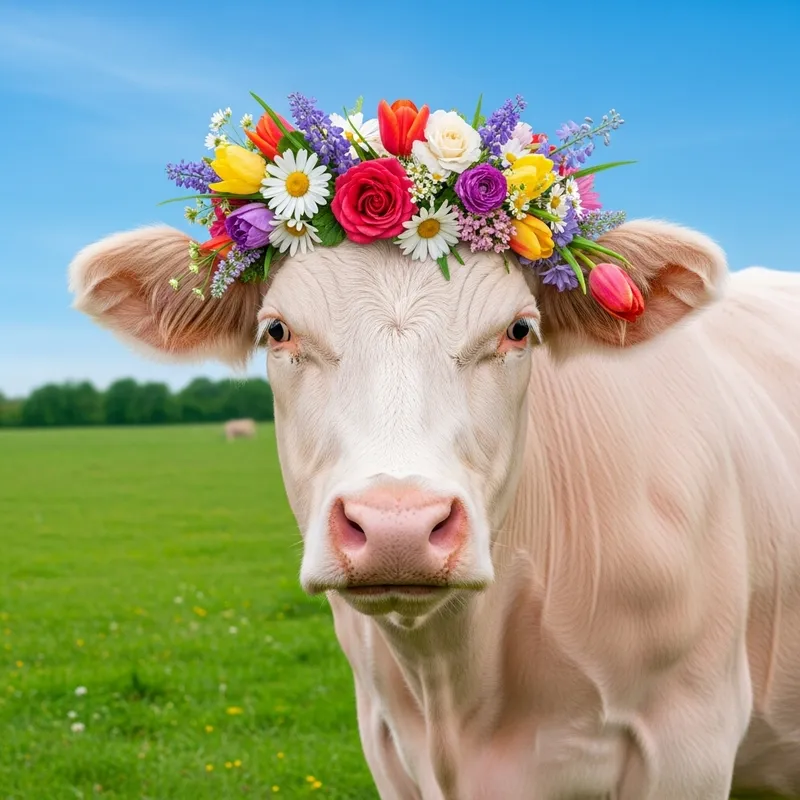 Tranquil Pink Cow with Vibrant Flower Crown in Serene Meadow Tranquil Pink Cow with Vibrant Flower Crown in Serene Meadow